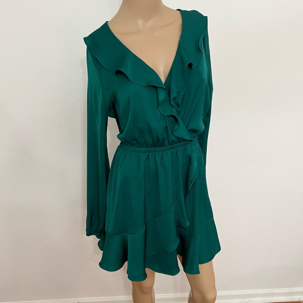 Express Faux-Wrap Teal Long Sleeve Ruffle Dress